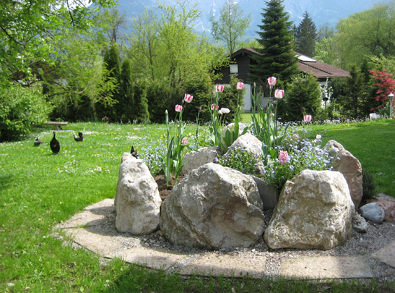 Blumen und Steine in einer Gartenecke
